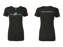 Load image into Gallery viewer, Vintage Black Short Sleeve Tshirt with Get Cozy text and green icon on front and your hashtag on the back
