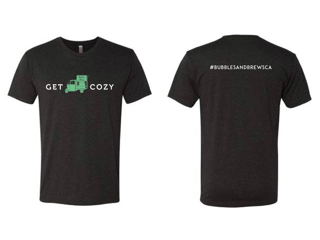 Vintage Black Short Sleeve Tshirt with Get Cozy text and green icon on front and your hashtag on the back