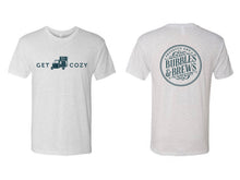 Load image into Gallery viewer, Vintage White Short Sleeve Tshirt with Get Cozy text and icon on front and B&amp;B circle logo on back
