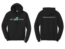 Load image into Gallery viewer, Hoodie with White Get Cozy text and Green Piaggio icon on front and your hashtag on the back
