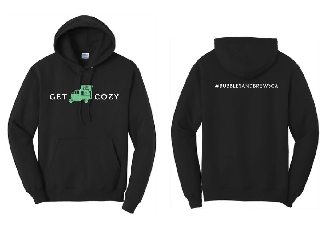 Hoodie with White Get Cozy text and Green Piaggio icon on front and your hashtag on the back