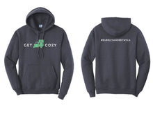 Load image into Gallery viewer, Hoodie with White Get Cozy text and Green Piaggio icon on front and your hashtag on the back
