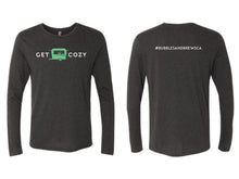 Load image into Gallery viewer, Vintage Long Sleeve Tshirt with White Get Cozy text and Green Caravan icon on front and your hashtag on the back
