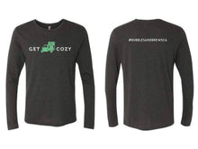 Load image into Gallery viewer, Vintage Long Sleeve Tshirt with White Get Cozy text and Green Piaggio icon on front and your hashtag on the back
