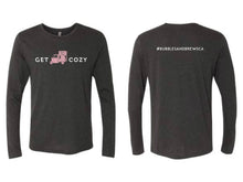 Load image into Gallery viewer, Vintage Long Sleeve Tshirt with White Get Cozy text and Pink Piaggio icon on front and your hashtag on the back
