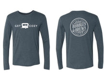 Load image into Gallery viewer, Vintage Long Sleeve Tshirt with White Get Cozy text and Caravan icon on front and B&amp;B round logo or your hashtag on the back
