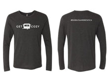 Load image into Gallery viewer, Vintage Long Sleeve Tshirt with White Get Cozy text and Caravan icon on front and B&amp;B round logo or your hashtag on the back
