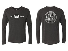 Load image into Gallery viewer, Vintage Long Sleeve Tshirt with White Get Cozy text and Caravan icon on front and B&amp;B round logo or your hashtag on the back
