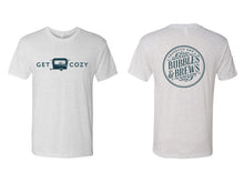 Load image into Gallery viewer, Vintage White Short Sleeve Tshirt with Get Cozy text and icon on front and B&amp;B circle logo on back
