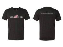 Load image into Gallery viewer, Vintage Black Short Sleeve Tshirt with Get Cozy text and pink icon on front and your hashtag on the back
