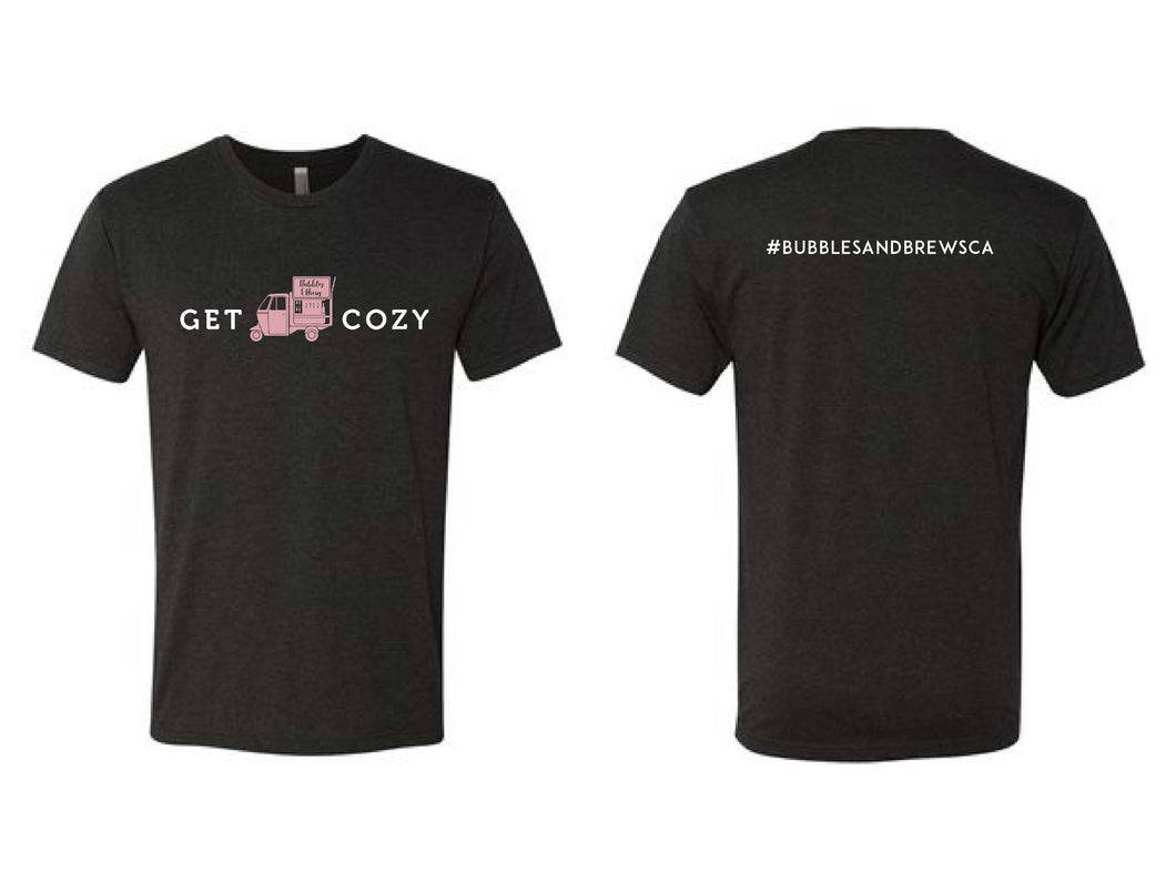 Vintage Black Short Sleeve Tshirt with Get Cozy text and pink icon on front and your hashtag on the back