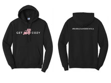 Load image into Gallery viewer, Hoodie with White Get Cozy text and Pink Piaggio icon on front and your hashtag on the back
