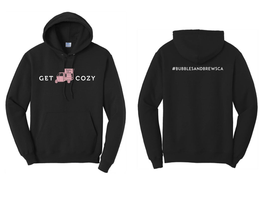 Hoodie with White Get Cozy text and Pink Piaggio icon on front and your hashtag on the back