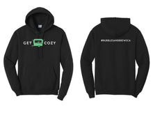 Load image into Gallery viewer, Hoodie with White Get Cozy text and Green Caravan icon on front and your hashtag on the back
