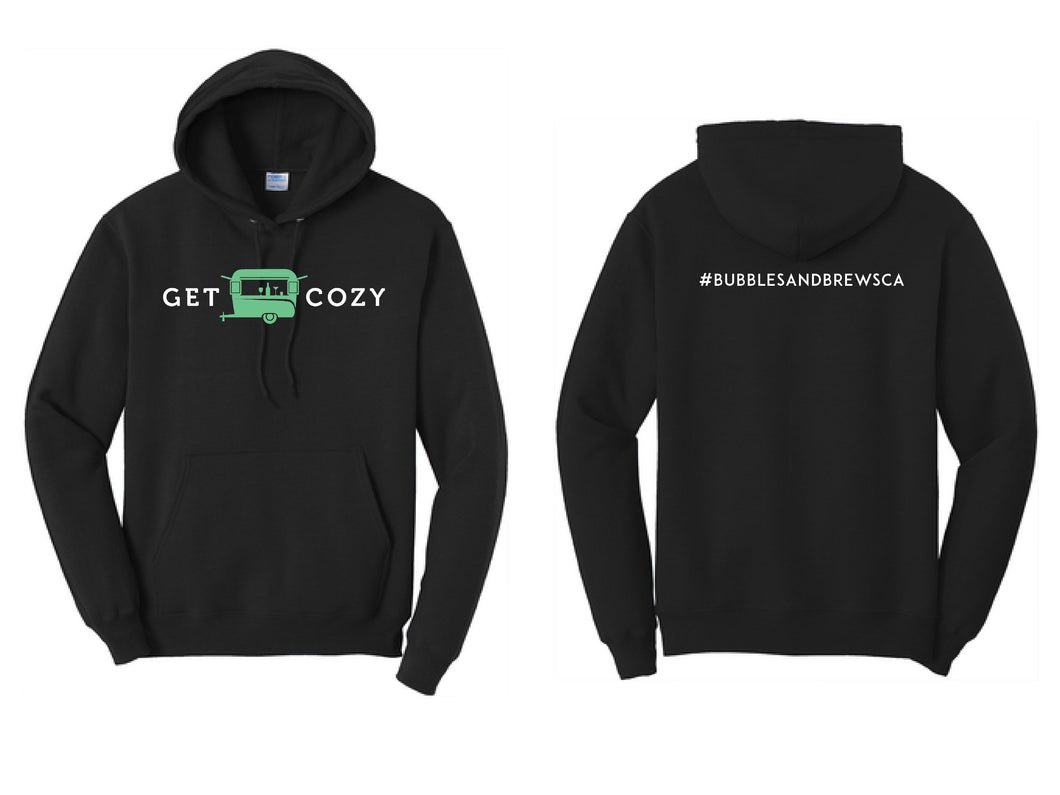 Hoodie with White Get Cozy text and Green Caravan icon on front and your hashtag on the back