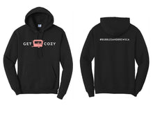 Load image into Gallery viewer, Hoodie with White Get Cozy text and Pink Caravan icon on front and your hashtag on the back
