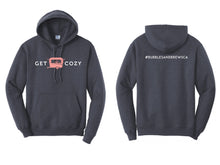 Load image into Gallery viewer, Hoodie with White Get Cozy text and Pink Caravan icon on front and your hashtag on the back
