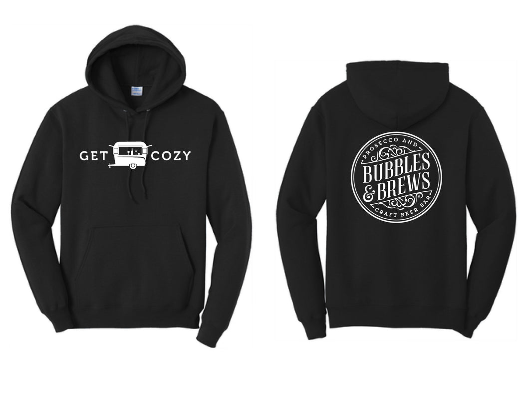 Hoodie with White Get Cozy text and Caravan icon on front and B&B round logo on the back