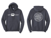 Load image into Gallery viewer, Hoodie with White Get Cozy text and Caravan icon on front and B&amp;B round logo on the back
