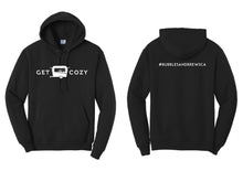 Load image into Gallery viewer, Hoodie with White Get Cozy text and Caravan icon on front and your hashtag on the back
