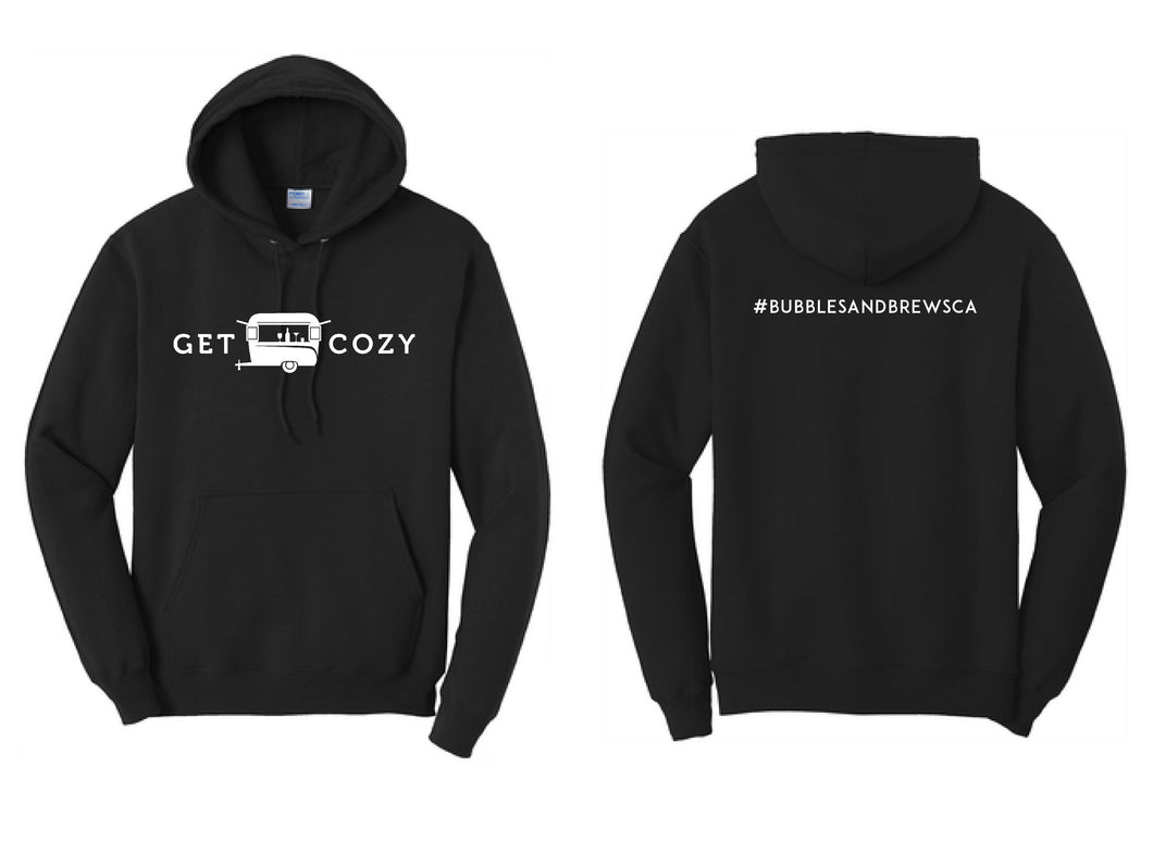 Hoodie with White Get Cozy text and Caravan icon on front and your hashtag on the back