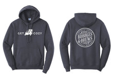 Load image into Gallery viewer, Hoodie with White Get Cozy text and Piaggio icon on front and round B&amp;B logo on the back
