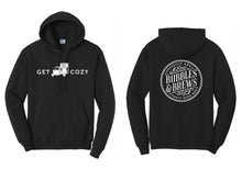 Load image into Gallery viewer, Hoodie with White Get Cozy text and Piaggio icon on front and round B&amp;B logo on the back
