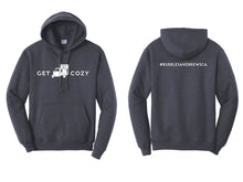 Load image into Gallery viewer, Hoodie with White Get Cozy text and Piaggio icon on front and your hashtag on the back
