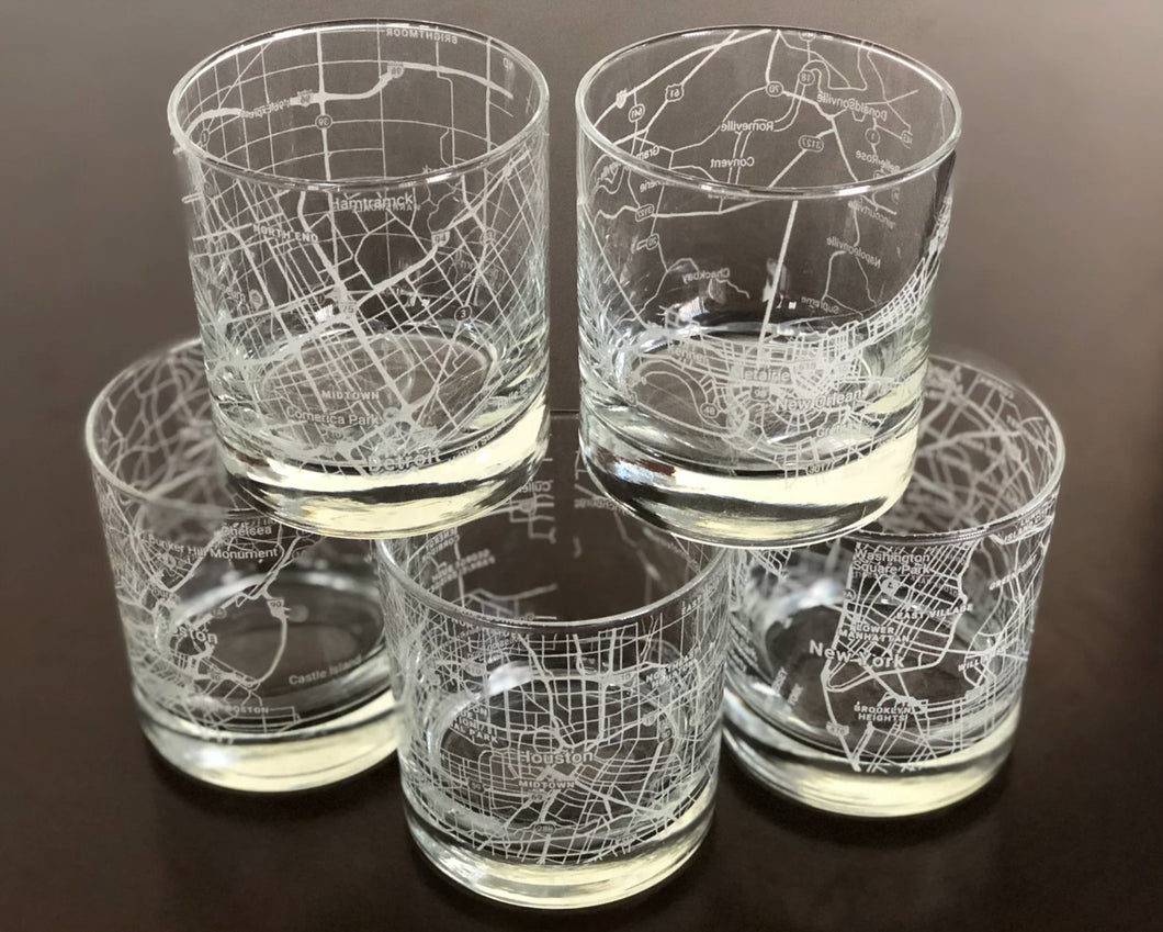 'Your City' Map Engraved Whiskey / Low Ball Glass